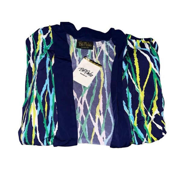 Bob Mackie Womens 3X Printed Kimono Top Blue Contrast Solid Trim Stretch NWT - Picture 1 of 4